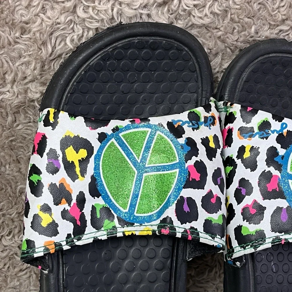 Justice Slides Shoe Size 3-4 Girls Kids Peace Sign Glitter Colorful Animal Print